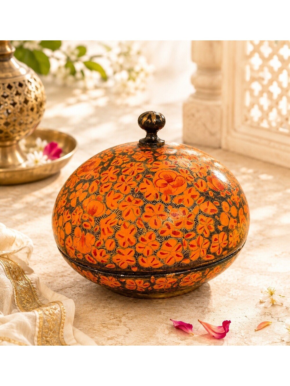 India Vintage 1970s Kashmiri Gulkari Floral Papier-Mache Lidded Box, 4x4”